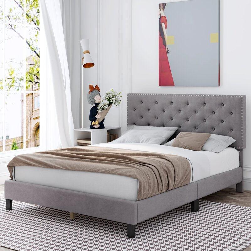 Modern Upholstered Platform Queen Size Bed (Teak Wood, Grey) - WoodenTwist