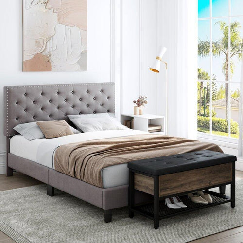 Modern Upholstered Platform Queen Size Bed (Teak Wood, Grey)