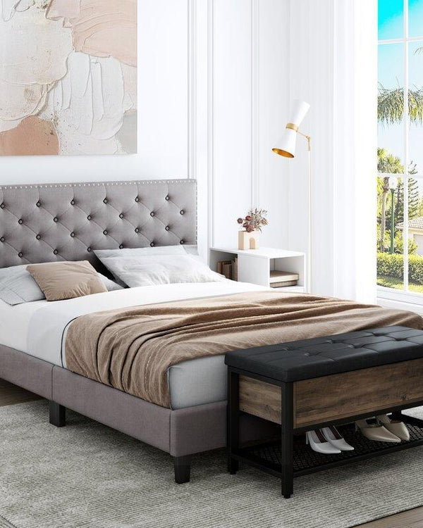 Modern Upholstered Platform Queen Size Bed (Teak Wood, Grey)