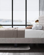 Modern Upholstered Platform Queen Size Bed (Teak Wood, Grey)
