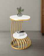 Bloomart Crxxz Stylish Metal Base Marble Finish Laminated Top End Table For Living Room ( Golden & White )