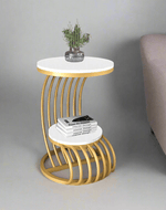 Bloomart Crxxz Stylish Metal Base Marble Finish Laminated Top End Table For Living Room ( Golden & White )