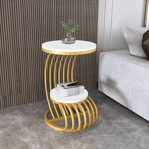 Bloomart Crxxz Stylish Metal Base Marble Finish Laminated Top End Table For Living Room ( Golden & White )