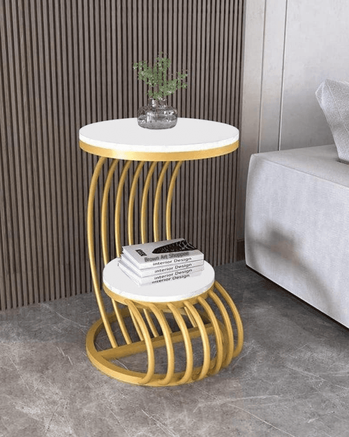 Bloomart Crxxz Stylish Metal Base Marble Finish Laminated Top End Table For Living Room ( Golden & White )