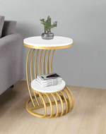 Bloomart Crxxz Stylish Metal Base Marble Finish Laminated Top End Table For Living Room ( Golden & White )