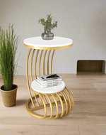 Bloomart Crxxz Stylish Metal Base Marble Finish Laminated Top End Table For Living Room ( Golden & White )
