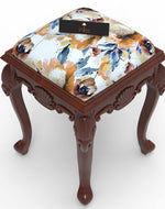 Graceful Hand Carved Teak Wood Stool in Premium Fabric