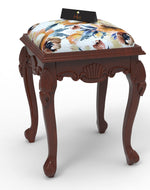 Graceful Hand Carved Teak Wood Stool in Premium Fabric