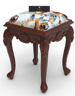 Graceful Hand Carved Teak Wood Stool in Premium Fabric