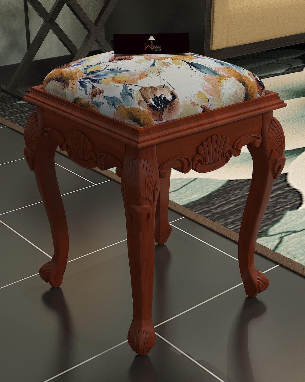 Graceful Hand Carved Teak Wood Stool in Premium Fabric - WoodenTwist