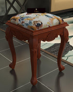 Graceful Hand Carved Teak Wood Stool in Premium Fabric - WoodenTwist