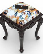 Graceful Hand Carved Teak Wood Stool in Premium Fabric