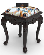 Graceful Hand Carved Teak Wood Stool in Premium Fabric