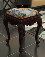 Graceful Hand Carved Teak Wood Stool in Premium Fabric - WoodenTwist