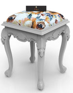 Graceful Hand Carved Teak Wood Stool in Premium Fabric