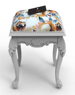Graceful Hand Carved Teak Wood Stool in Premium Fabric