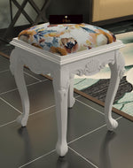Graceful Hand Carved Teak Wood Stool in Premium Fabric - WoodenTwist