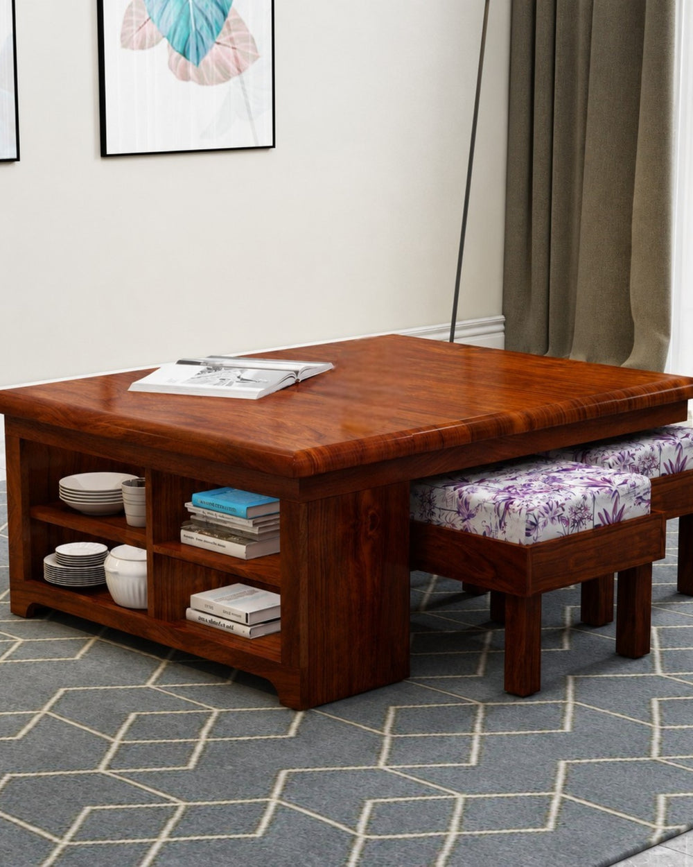 Esto Teak Wood Coffee Table Set With Side Storage