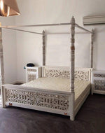 Wooden Handicraft Carved Mango Wood Poster Bed Queen Size (Antique White Finish) - WoodenTwist