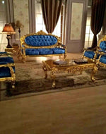 Bloomart Blue Velvet Royal Antique Gold Carved Sofa Set