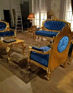 Bloomart Blue Velvet Royal Antique Gold Carved Sofa Set