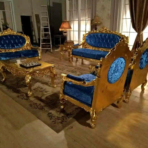 Bloomart Blue Velvet Royal Antique Gold Carved Sofa Set