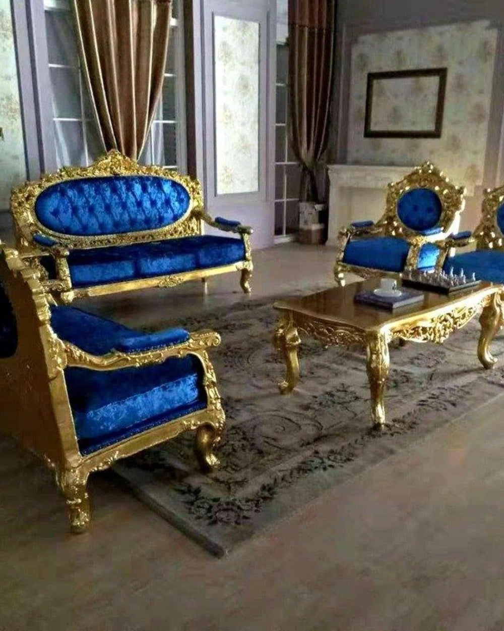 Bloomart Blue Velvet Royal Antique Gold Carved Sofa Set