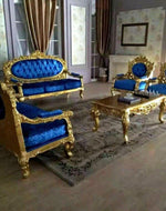 Bloomart Blue Velvet Royal Antique Gold Carved Sofa Set