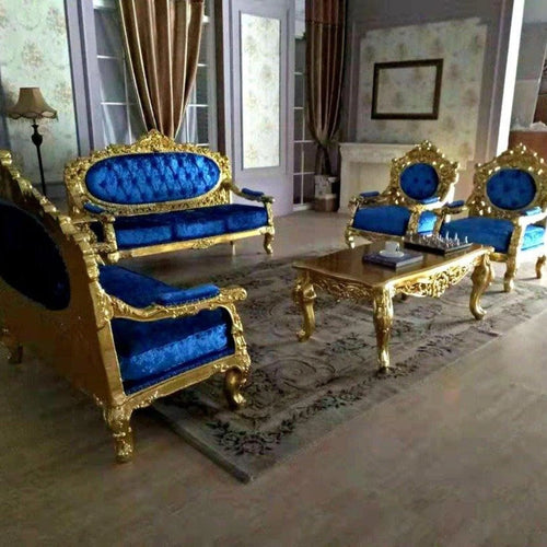 Bloomart Blue Velvet Royal Antique Gold Carved Sofa Set