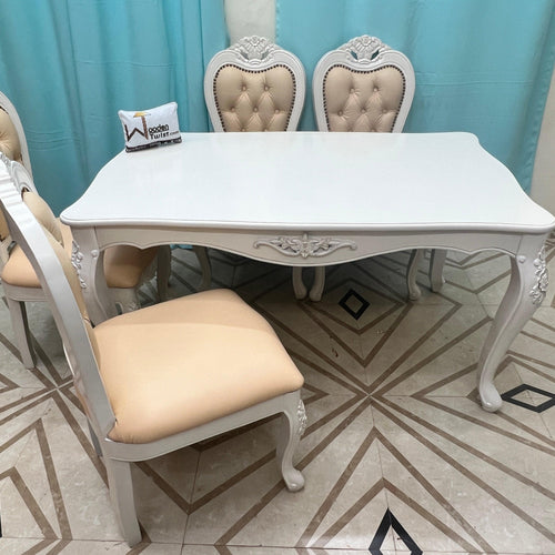 Wooden Royal Look Hand Carved 4 Seater Dining Table Set ( White )