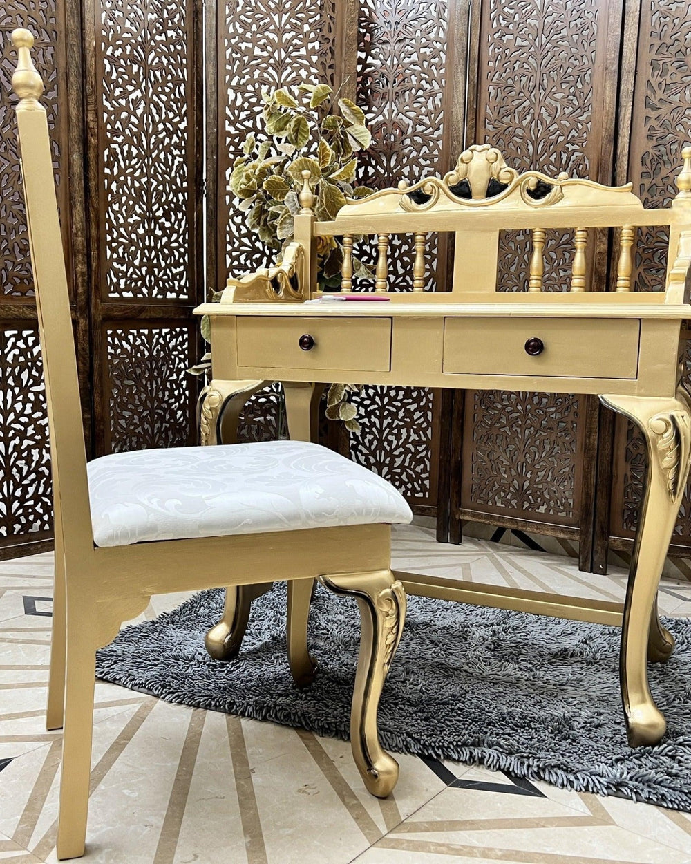 Royal Gold Carved Teak Wood Study Table with Chair