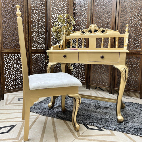 Royal Gold Carved Teak Wood Study Table with Chair