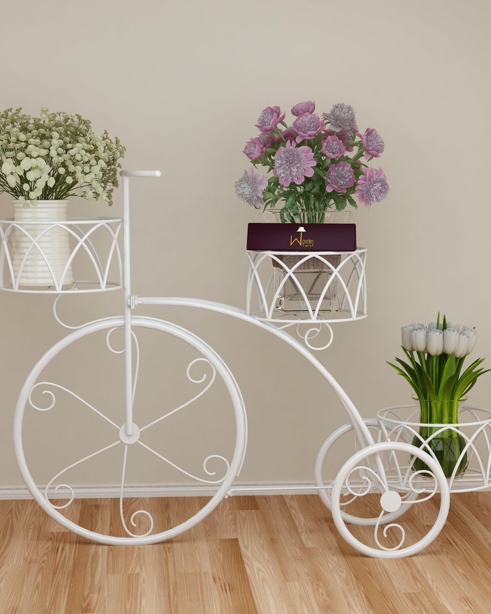 Garden Cart Planter Stand Tricycle Plant Holder - Ideal for Home, Garden, Patio (White) - Bloomart