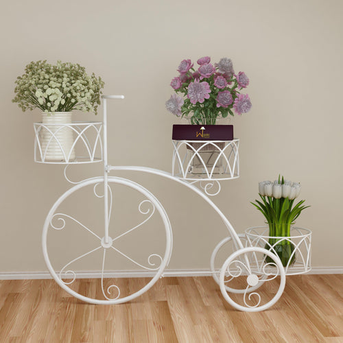Garden Cart Planter Stand Tricycle Plant Holder - Ideal for Home, Garden, Patio (White) - Bloomart