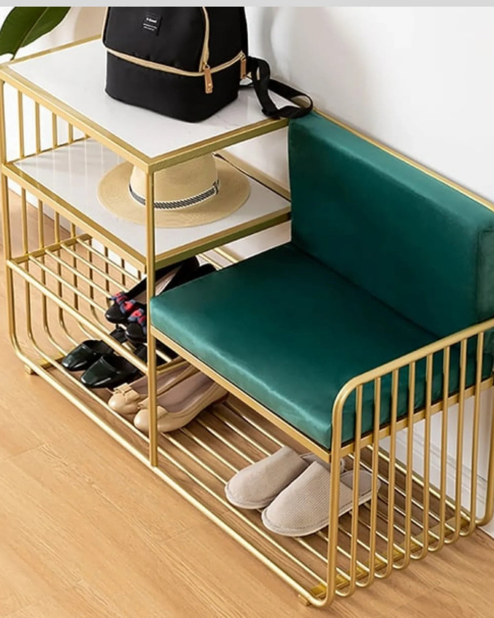 Vermount Solid Metal Bench Shoe Rack in Golden Finish.