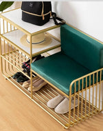 Vermount Solid Metal Bench Shoe Rack in Golden Finish.