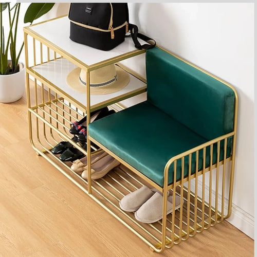 Vermount Solid Metal Bench Shoe Rack in Golden Finish.