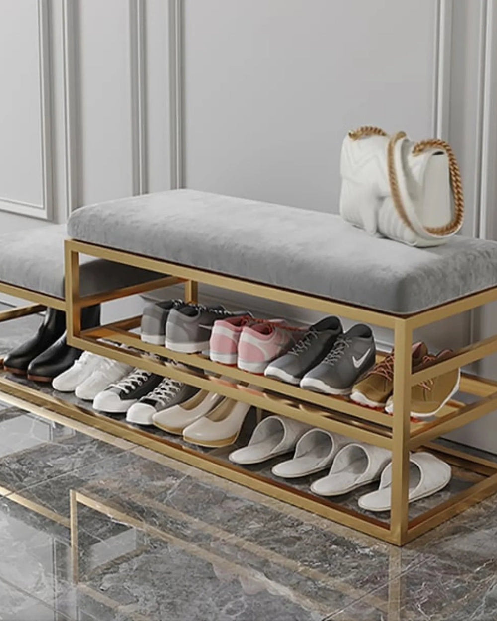 Luxury gold-framed shoe bench