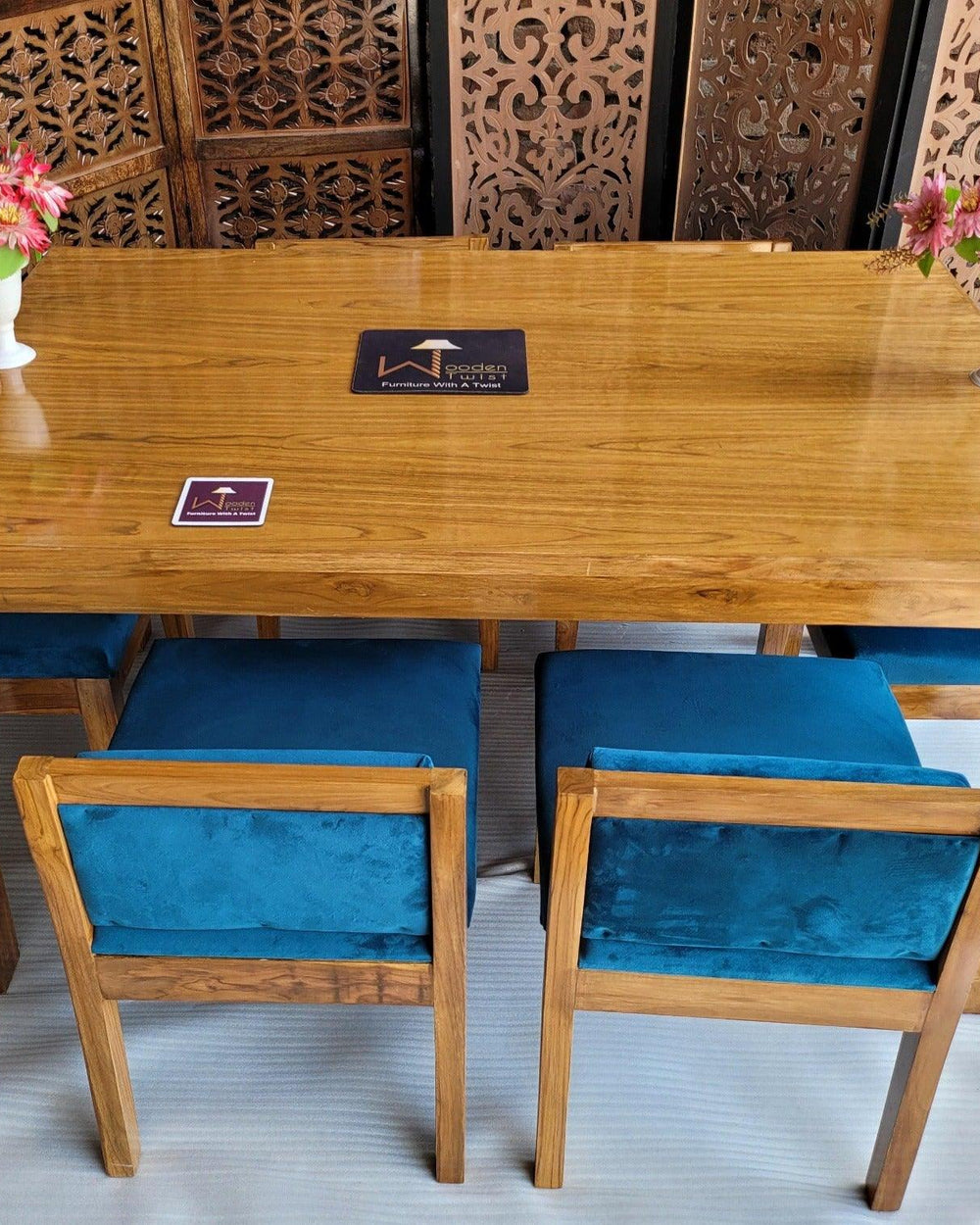 Royal Teak Wood 6 Seater Dining Set In Teal Blue - WoodenTwist