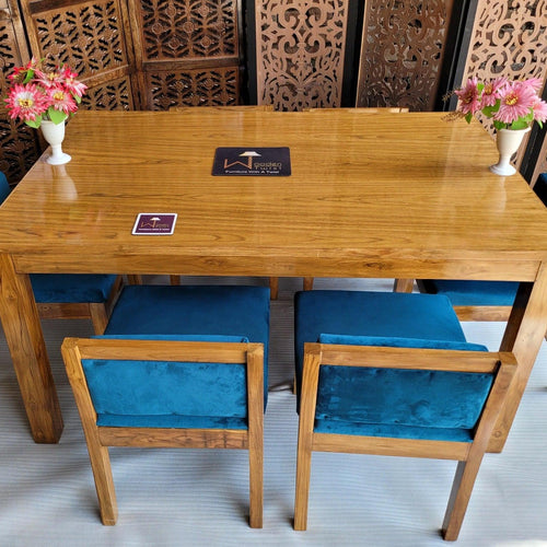 Royal Teak Wood 6 Seater Dining Set In Teal Blue - WoodenTwist