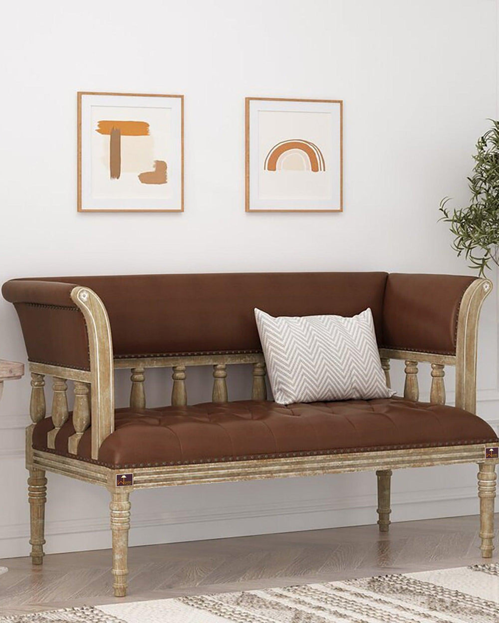 Wooden Flared Arm Loveseat Bench for Living Room Comfort for Backrest (2 Seater, Brown) - Bloomart