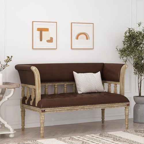 Wooden Flared Arm Loveseat Bench for Living Room Comfort for Backrest (2 Seater, Dark Brown) - Bloomart