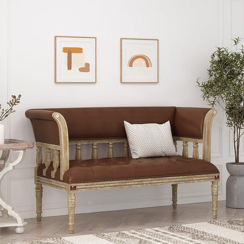 Wooden Flared Arm Loveseat Bench for Living Room Comfort for Backrest (2 Seater, Brown) - Bloomart