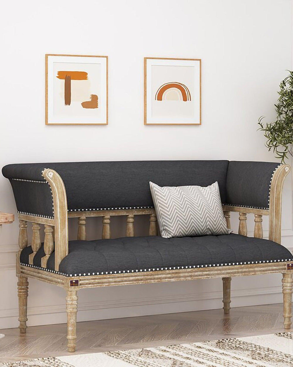 Wooden Flared Arm Loveseat Bench for Living Room Comfort for Backrest (2 Seater, Grey) - Bloomart