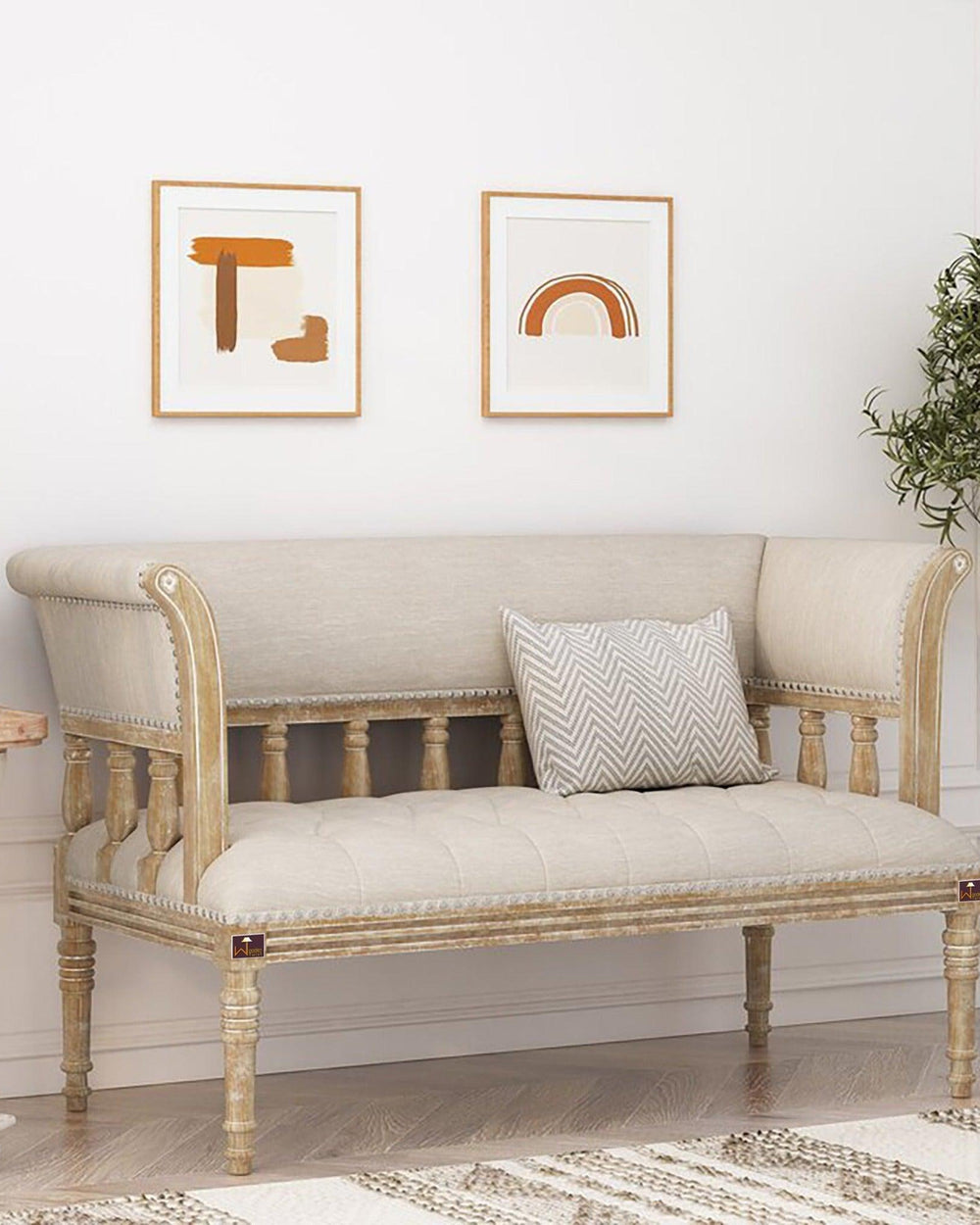 Wooden Flared Arm Loveseat Bench for Living Room Comfort for Backrest (2 Seater, Beige) - Bloomart