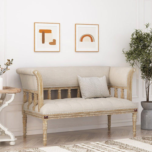 Wooden Flared Arm Loveseat Bench for Living Room Comfort for Backrest (2 Seater, Beige) - Bloomart