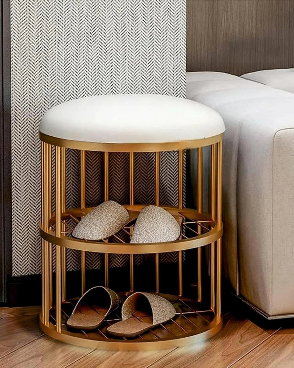 Round Solid Metal Shoe Rack in Golden Finish.
