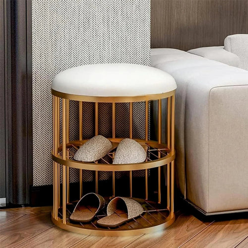 Round Solid Metal Shoe Rack in Golden Finish.