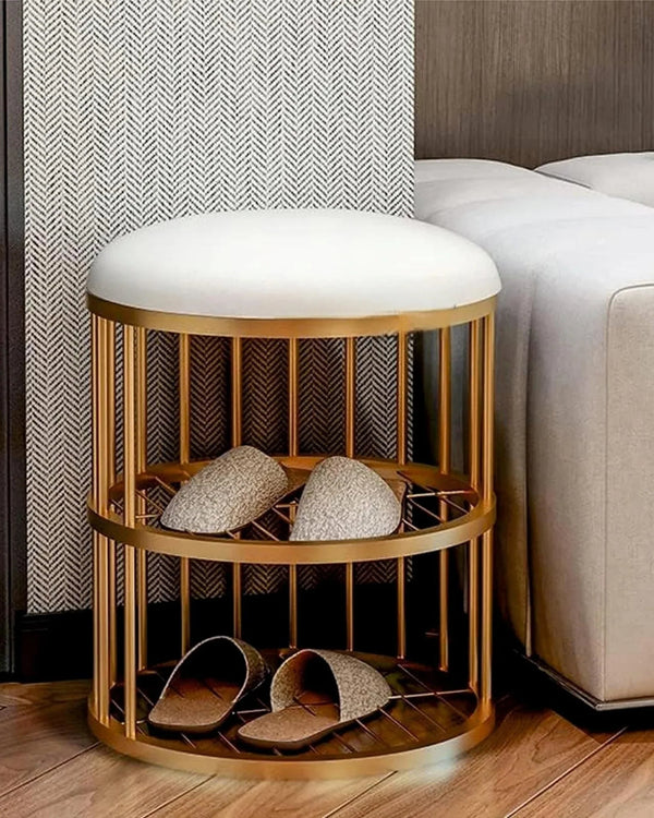 Round Solid Metal Shoe Rack in Golden Finish.