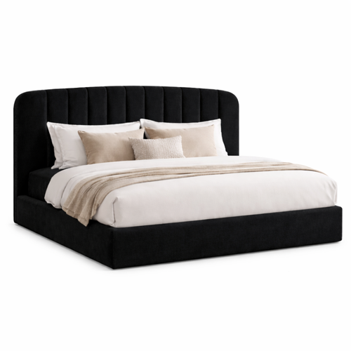 Bloomart Black Calmora Luxury Bed Minimal Modern Upholstered Bed With Padded Headboard
